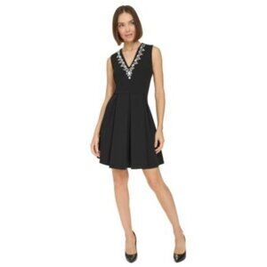 Tommy Hilfiger Black Sleeveless Fit & Flare Dress With Rhinestone V-Neck Detail